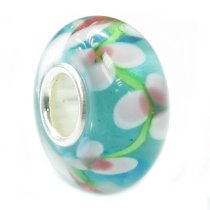 Sterling Silver ROUND Murano Flower Light Turquoise Blue Pink Rose Flower Glass Bead for European Charm Bracelets