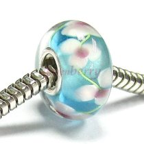 Sterling Silver ROUND Murano Flower Light Turquoise Blue Pink Rose Flower Glass Bead for European Charm Bracelets