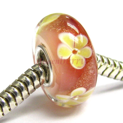 Sterling Silver Murano Flower Red Yellow Gold Glass Bead for Pandora Troll Chamilia Biagi European Charm Bracelets 14mm