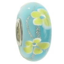Sterling Silver Murano Flower Light blue Turquoise Gold Glass Bead for Pandora Troll Chamilia Biagi European Charm Bracelets