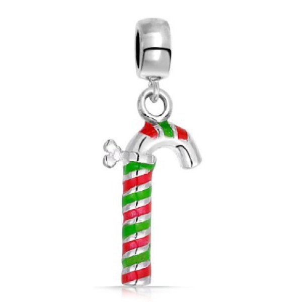 Sterling Silver Christmas Gift Candy Cane Stick 3-d Red Green Enamel Dangle Bead for Pandora Troll Chamilia Biagi European Charm Bracelets