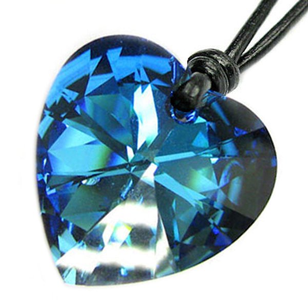 Swarovski Crystal Bermuda Blue Heart Charm pendant 28mm Black leather 1mm Necklace 14" 16" 18" 20" 22" 24" Adjustable