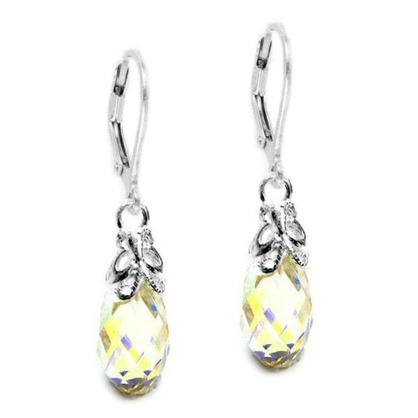 Sterling Shiny Butterfly Teardrop Briolette Swarovski Crystal Clear AB Dangle Leverback Earrings