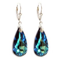 Bermuda Blue Genuine Swarovski Crystals Sterling Silver Leverback Dangle Earrings