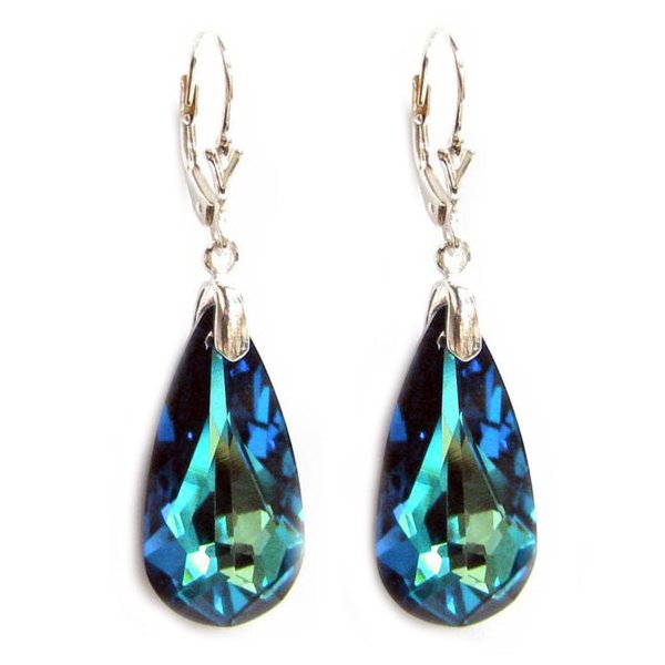 Bermuda Blue Genuine Swarovski Crystals Sterling Silver Leverback Dangle Earrings
