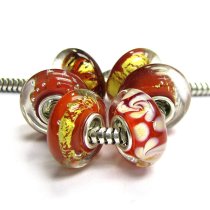 6pcs Sterling Silver Assorted Red Gold Foiled Flower Murano Bundle Glass Bead for European Charm Bracelets