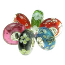 6pcs Sterling Silver Assorted Red Blue Green and Black Murano Bundle Glass Bead for European Charm Bracelets