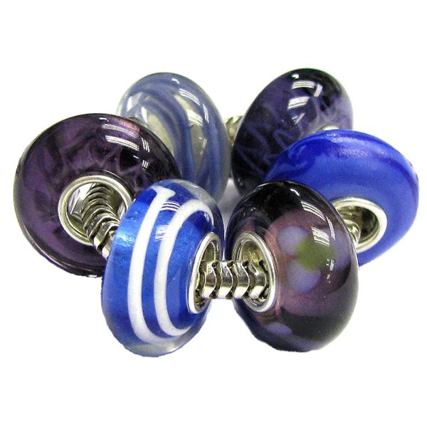 6pcs Sterling Silver Assorted Amethyst / Purple Blue White Murano Bundle Glass Bead for European Charm Bracelets