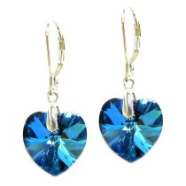 Swarovski Crystal Flower Love Heart Bermuda Ocean Blue Sterling Silver Leverback Dangle Earrings