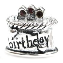 Sterling Silver Birthday Cake w/ Garnet CZ Crystal Bead for Pandora Troll Chamilia Biagi European Charm Bracelets Birthstone January