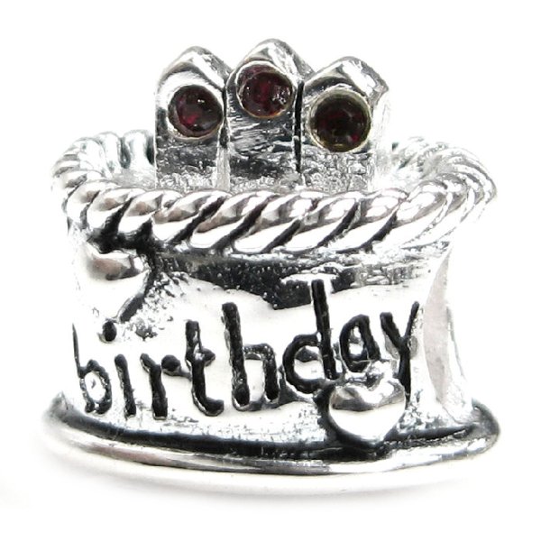 Sterling Silver Birthday Cake w/ Garnet CZ Crystal Bead for Pandora Troll Chamilia Biagi European Charm Bracelets Birthstone January