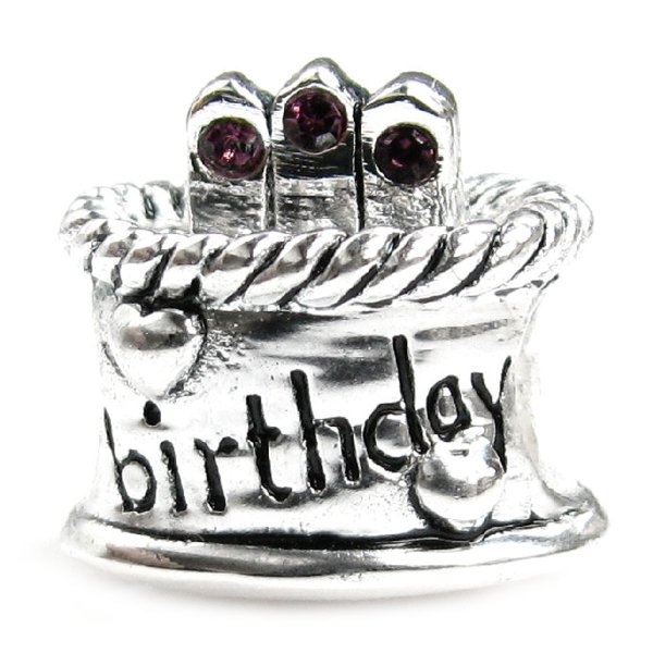 Sterling Silver Birthday Cake w/ Amethyst CZ Crystal Bead for Pandora Troll Chamilia Biagi European Charm Bracelets Birthstone Feburary