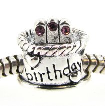 Sterling Silver Birthday Cake w/ Amethyst CZ Crystal Bead for Pandora Troll Chamilia Biagi European Charm Bracelets Birthstone Feburary