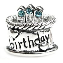 Sterling Silver Birthday Cake w/ Aquamarine Blue CZ Crystal Bead for Pandora Troll Chamilia Biagi European Charm Bracelets Birthstone March