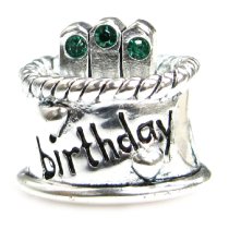 Sterling Silver Birthday Cake w/ Emerald CZ Crystal Bead for Pandora Troll Chamilia Biagi European Charm Bracelets Birthstone May