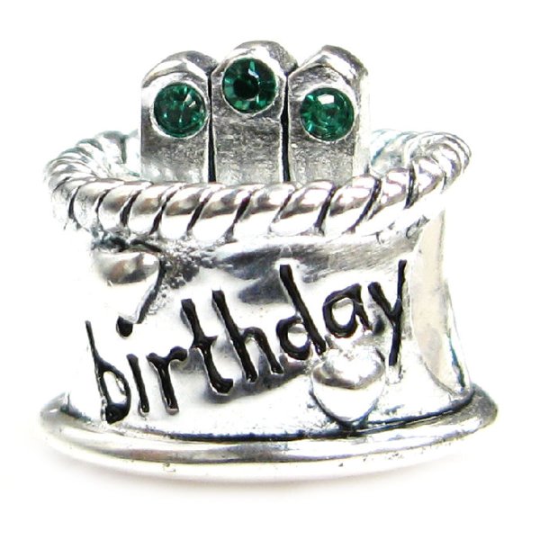 Sterling Silver Birthday Cake w/ Emerald CZ Crystal Bead for Pandora Troll Chamilia Biagi European Charm Bracelets Birthstone May