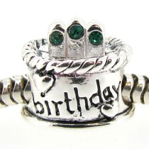 Sterling Silver Birthday Cake w/ Emerald CZ Crystal Bead for Pandora Troll Chamilia Biagi European Charm Bracelets Birthstone May