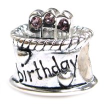 Sterling Silver Birthday Cake w/ Amethyst CZ Crystal Bead for Pandora Troll Chamilia Biagi European Charm Bracelets Birthstone June