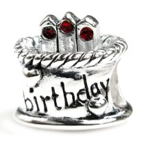 Sterling Silver Birthday Cake w/ Siam Red CZ Crystal Bead for Pandora Troll Chamilia Biagi European Charm Bracelets Birthstone July