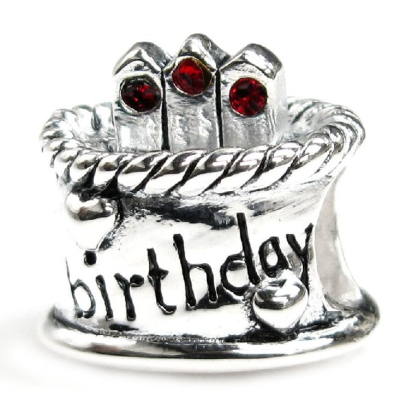 Sterling Silver Birthday Cake w/ Siam Red CZ Crystal Bead for Pandora Troll Chamilia Biagi European Charm Bracelets Birthstone July