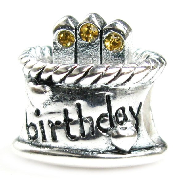 Sterling Silver Birthday Cake Topaz CZ Crystal Bead for Pandora Troll Chamilia Biagi European Charm Bracelets Birthstone November