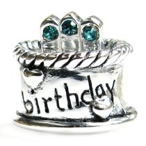 Sterling Silver Birthday Cake w/ Blue Zircon CZ Crystal Bead for Pandora Troll Chamilia Biagi European Charm Bracelets Birthstone December