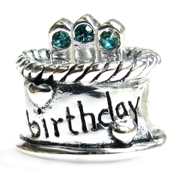 Sterling Silver Birthday Cake w/ Blue Zircon CZ Crystal Bead for Pandora Troll Chamilia Biagi European Charm Bracelets Birthstone December