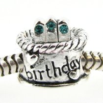 Sterling Silver Birthday Cake w/ Blue Zircon CZ Crystal Bead for Pandora Troll Chamilia Biagi European Charm Bracelets Birthstone December