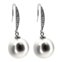 Sterling Silver Genuine 12mm Round White Seashell Pearl Clear CZ Crystal French Hook Earwires Dangle Earrings