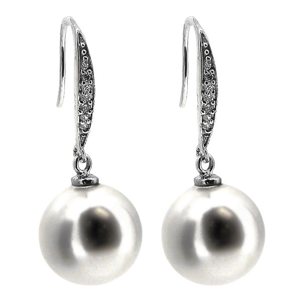 Sterling Silver Genuine 12mm Round White Seashell Pearl Clear CZ Crystal French Hook Earwires Dangle Earrings