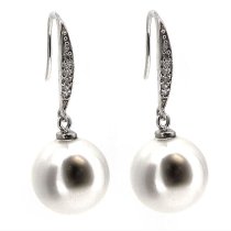 Sterling Silver Genuine 12mm Round White Seashell Pearl Clear CZ Crystal French Hook Earwires Dangle Earrings