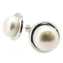 2x Rhodium Sterling Silver Genuine 11mm White Freshwater Cultured Button Pearl Earrings Stud Post