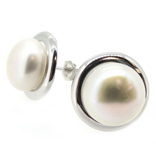 2x Rhodium Sterling Silver Genuine 11mm White Freshwater Cultured Button Pearl Earrings Stud Post