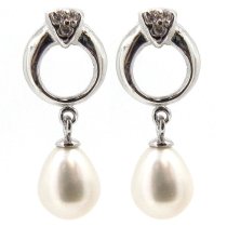 2x Sterling Silver Genuine 7mm White Cultured Freshwater Pearl CZ Dangle Stud Earring Post