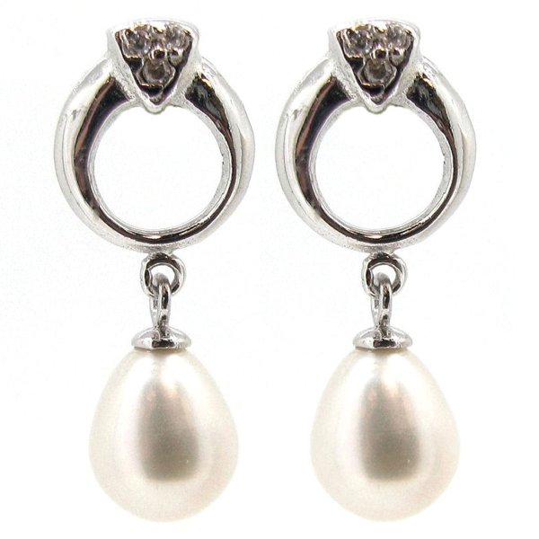 2x Sterling Silver Genuine 7mm White Cultured Freshwater Pearl CZ Dangle Stud Earring Post