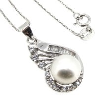 Sterling Silver White Freshwater Pearl Flower CZ Crystal Pendant Box Chain Necklace 18″