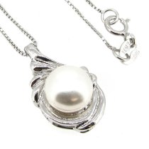Sterling Silver White Freshwater Pearl 8.5mm Tear Pendant 16″ Box Chain Necklace