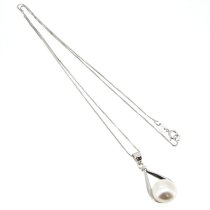Sterling Silver White Freshwater Cultured Pearl 10.5mm Tear Pendant 16″ Box Chain Necklace