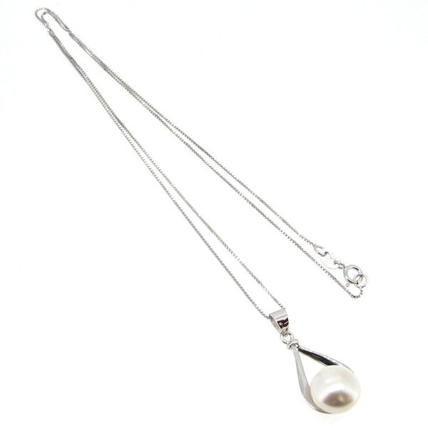 Sterling Silver White Freshwater Cultured Pearl 10.5mm Tear Pendant 16" Box Chain Necklace