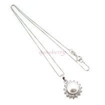 Sterling Silver White Freshwater Cultured Pearl 8.5mm Flower Clear CZ Pendant 18" Box Chain Necklace