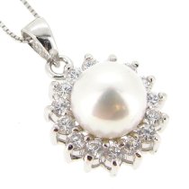 Sterling Silver White Freshwater Cultured Pearl 8.5mm Flower Clear CZ Pendant 16″ Box Chain Necklace