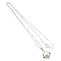 Sterling Silver White Freshwater Cultured Pearl 7.5mm Oyster CZ Crystal Pendant Box Chain Necklace 18"