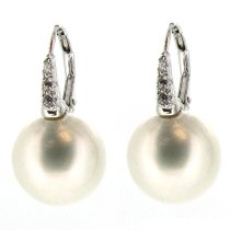 Sterling Silver Genuine 14mm Round White Sea Shell Pearl Clear CZ Lever Back Dangle Earrings