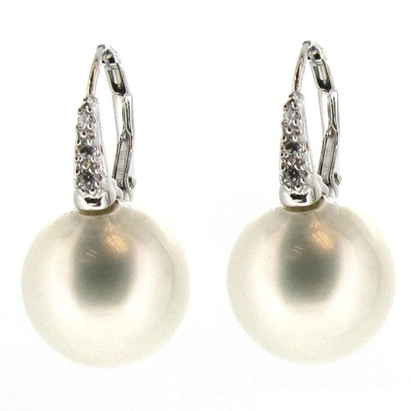 Sterling Silver Genuine 14mm Round White Sea Shell Pearl Clear CZ Lever Back Dangle Earrings