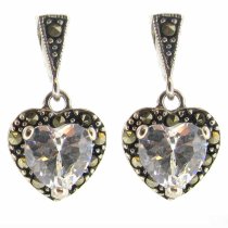 2x Sterling Silver Marcasite Heart Clear CZ Crystal Dangle Stud Earring Post