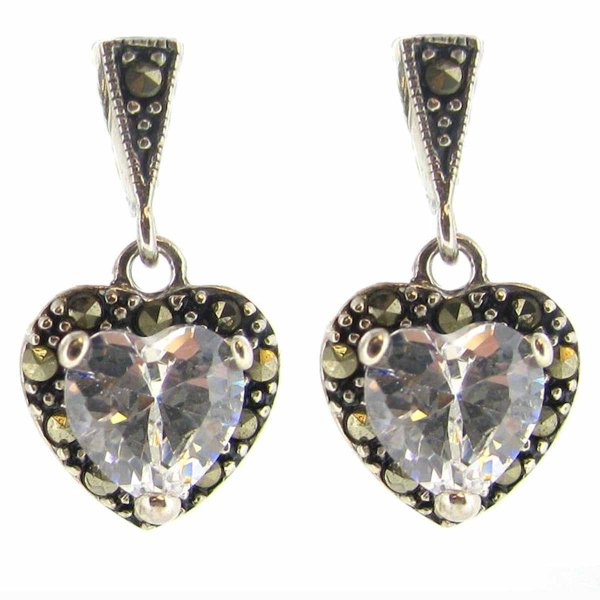 2x Sterling Silver Marcasite Heart Clear CZ Crystal Dangle Stud Earring Post