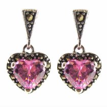 2x Sterling Silver Marcasite Love Heart Pink Rose CZ Crystal Dangle Stud Earring Post