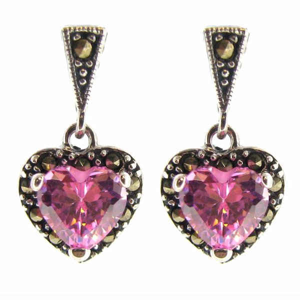 2x Sterling Silver Marcasite Love Heart Pink Rose CZ Crystal Dangle Stud Earring Post