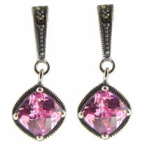 2x Sterling Silver Marcasite Pink CZ Crystal Dangle Stud Earring Post