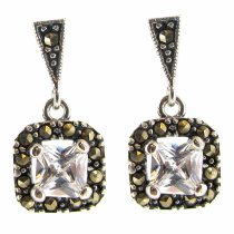 2x Sterling Silver Marcasite Clear CZ Crystal Square Dangle Stud Earring Post